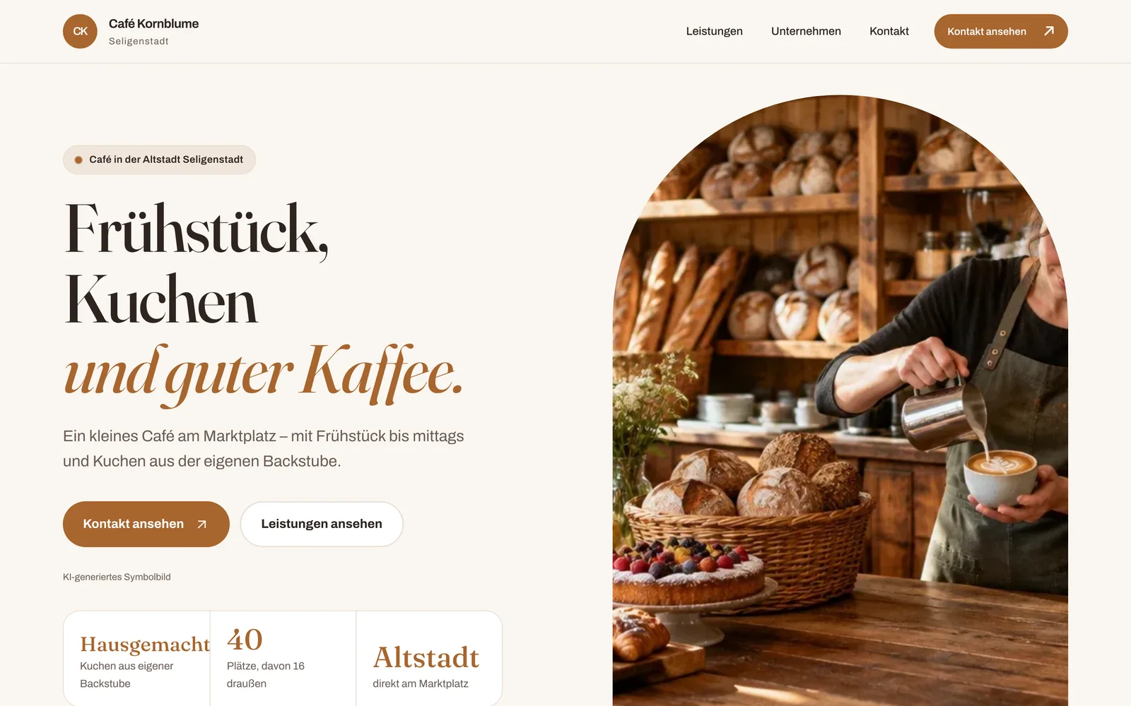 Startseite der Beispiel-Website Café Kornblume