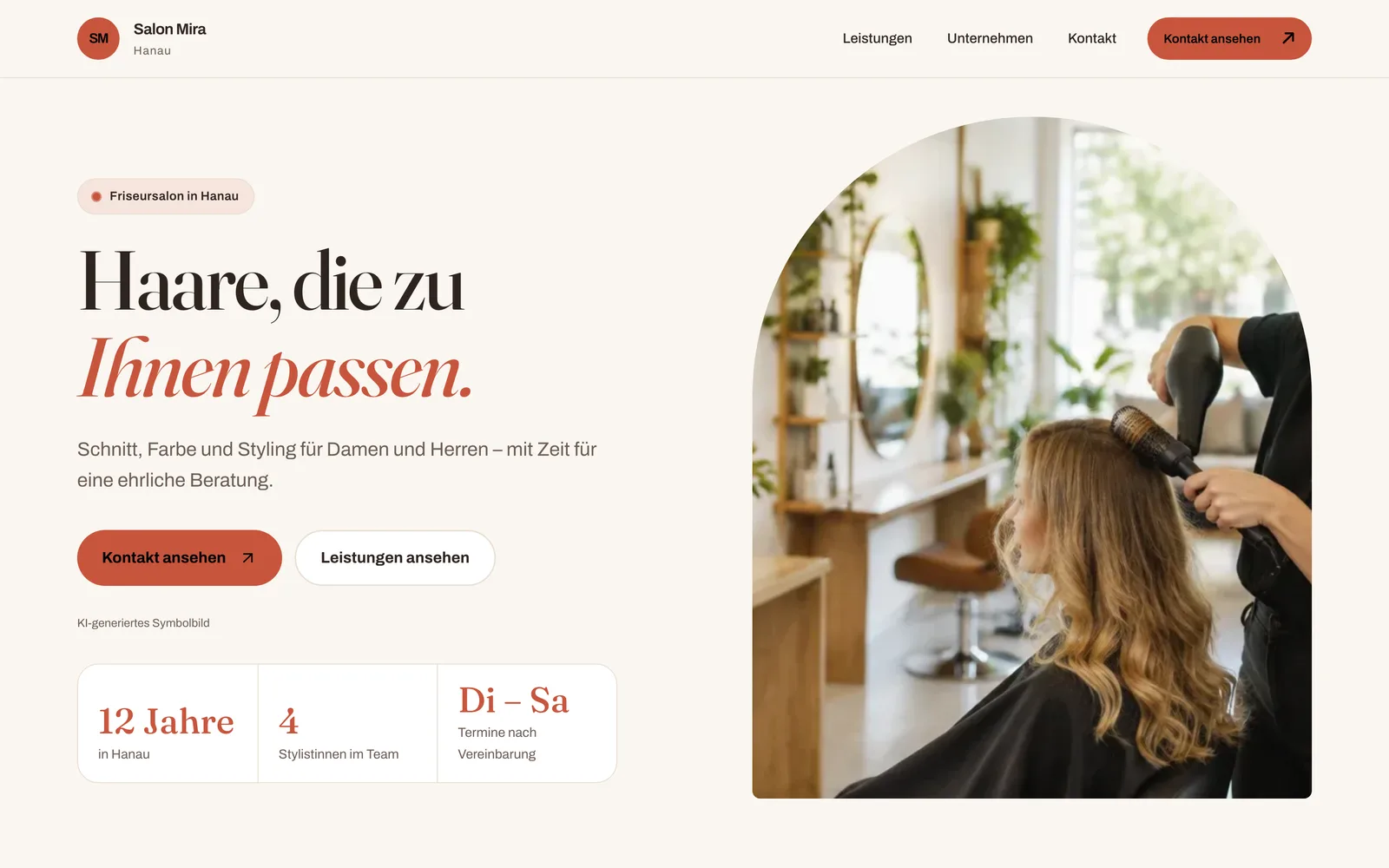 Startseite der Beispiel-Website Salon Mira