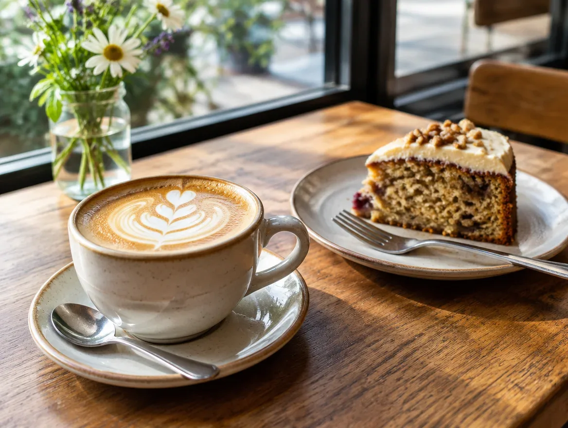 Cappuccino mit Latte Art und Kuchen