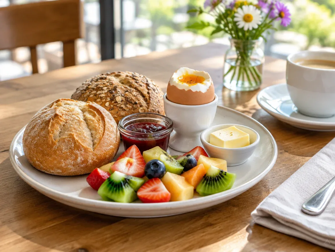 Frühstücksteller mit Brötchen und Obst