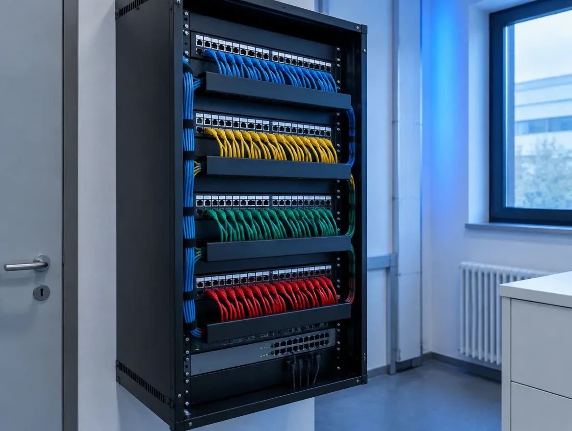 Aufgeräumter Netzwerkschrank mit Patchpanel