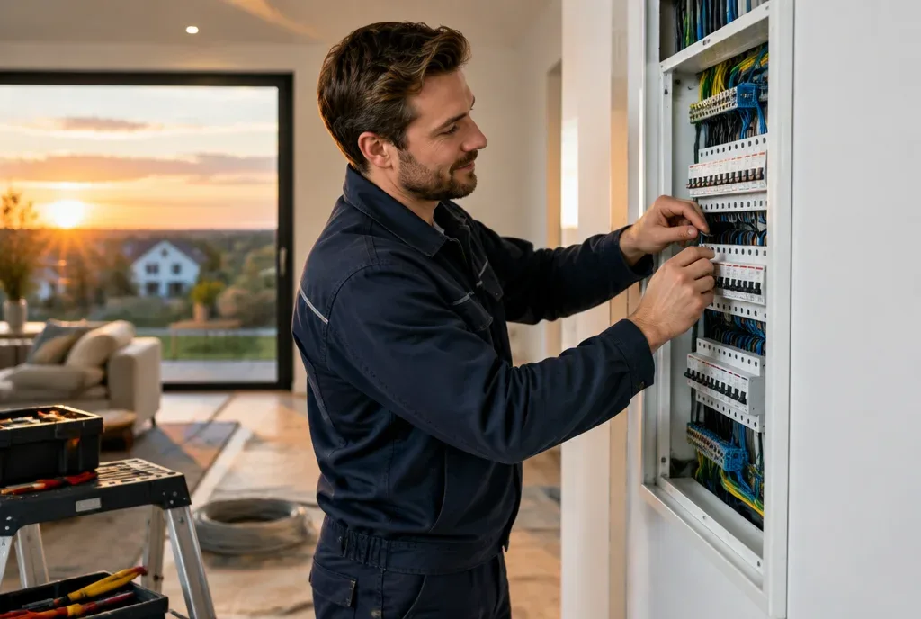 Elektriker verdrahtet einen modernen Verteilerschrank in einem Neubau