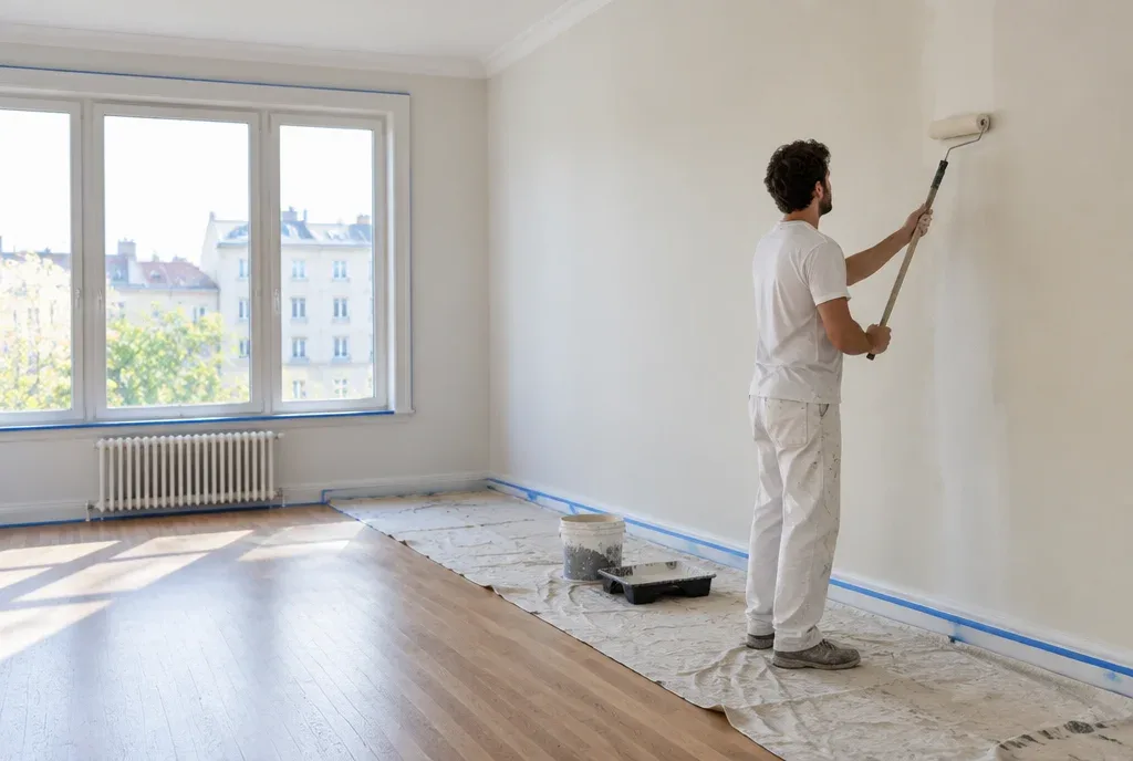 Maler streicht eine Wand in einer hellen Wohnung