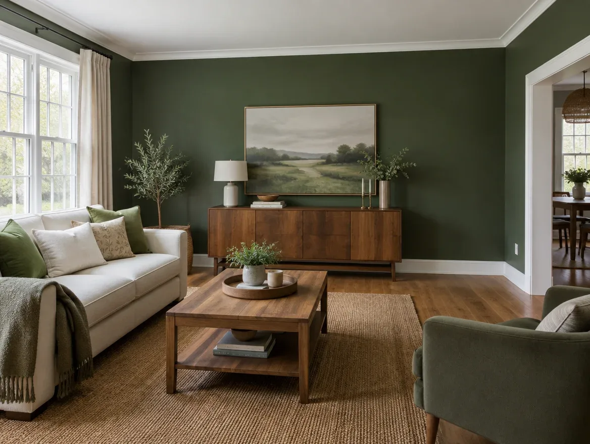 Wohnzimmer mit frisch gestrichener grüner Wand
