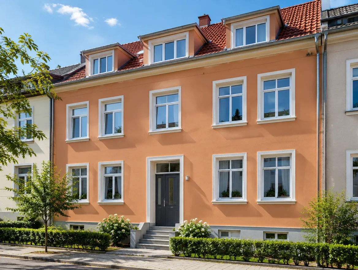 Frisch gestrichene Fassade eines Mehrfamilienhauses