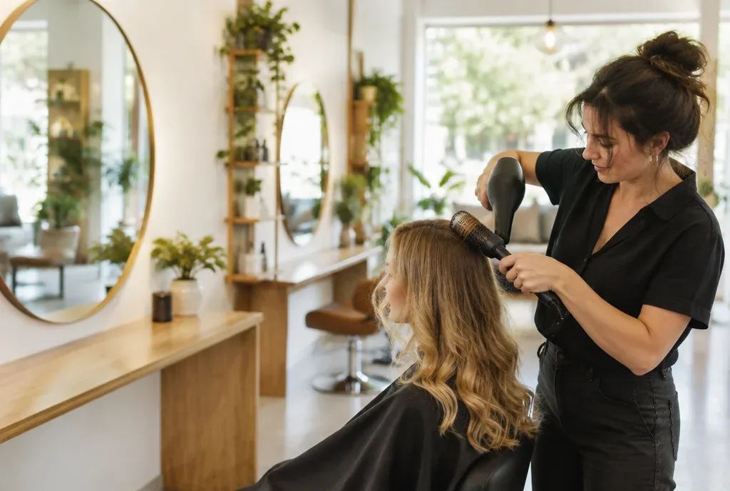 Friseurin stylt die Haare einer Kundin im Salon